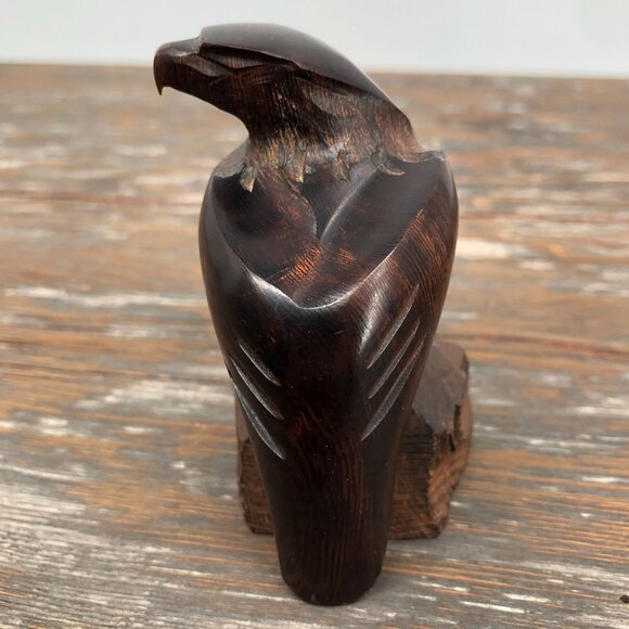 Vintage Hand Carved Ironwood Eagle On Pedestal Statue Falcon Bird Of Pray 3.5" - Picture 3 of 8